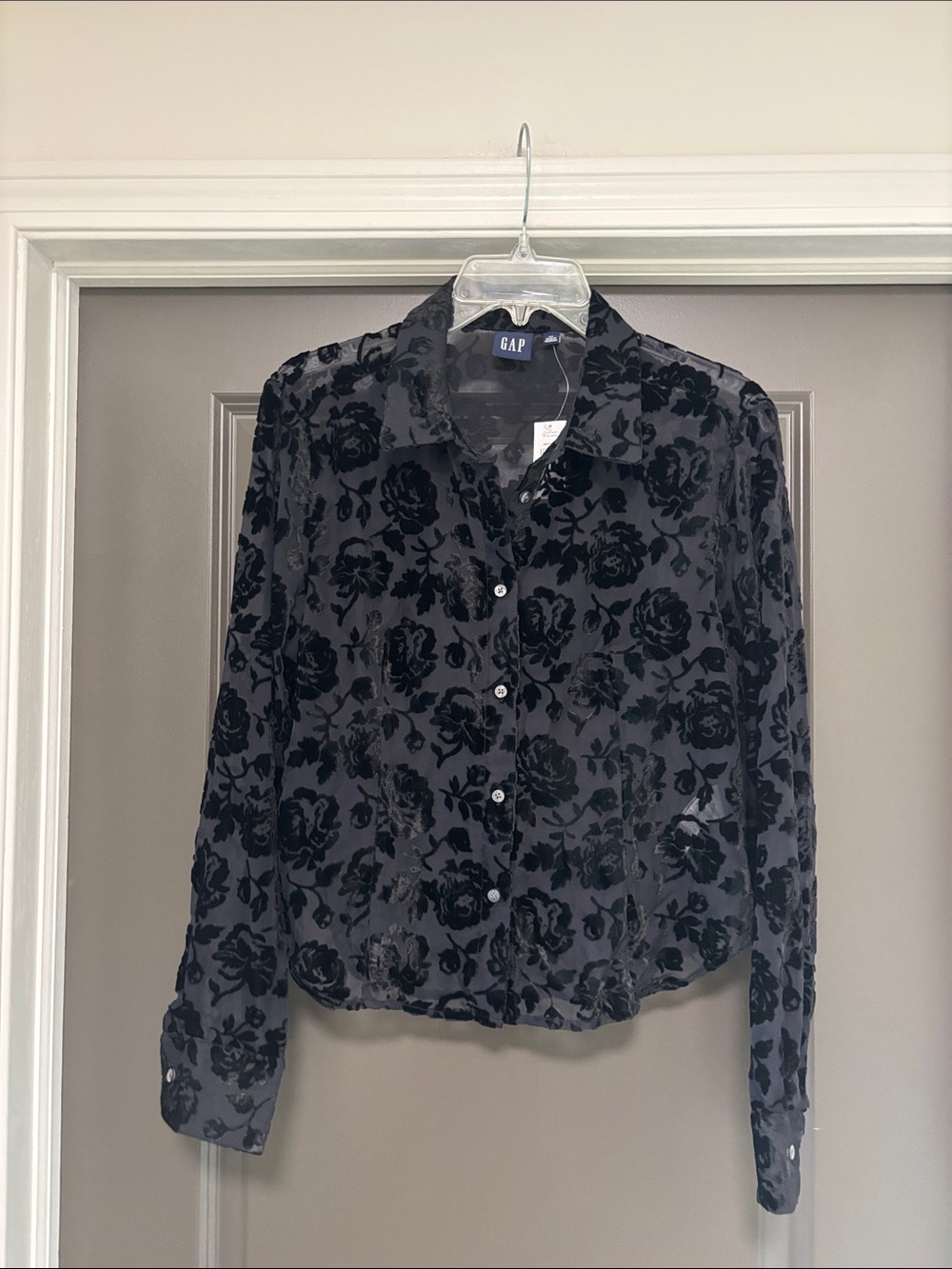 GAP black velour sheer button down shirt M NWT